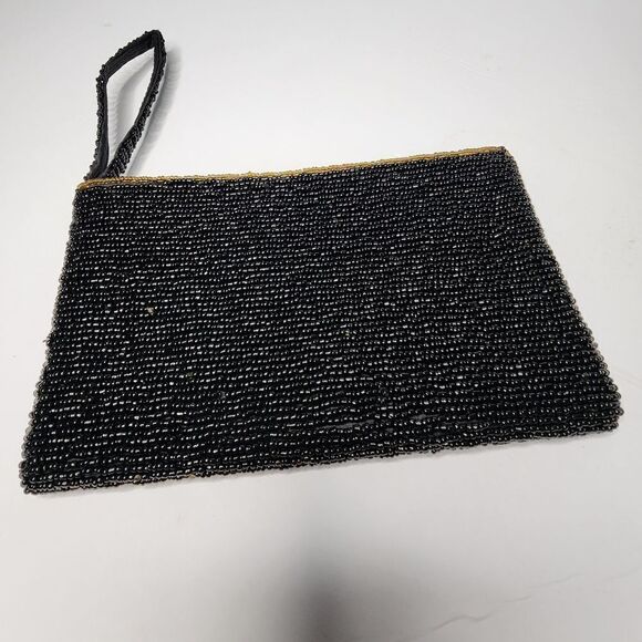 Vintage Evening Handbag Women Mini Black Beaded Satin Gold Bead Top Clutch